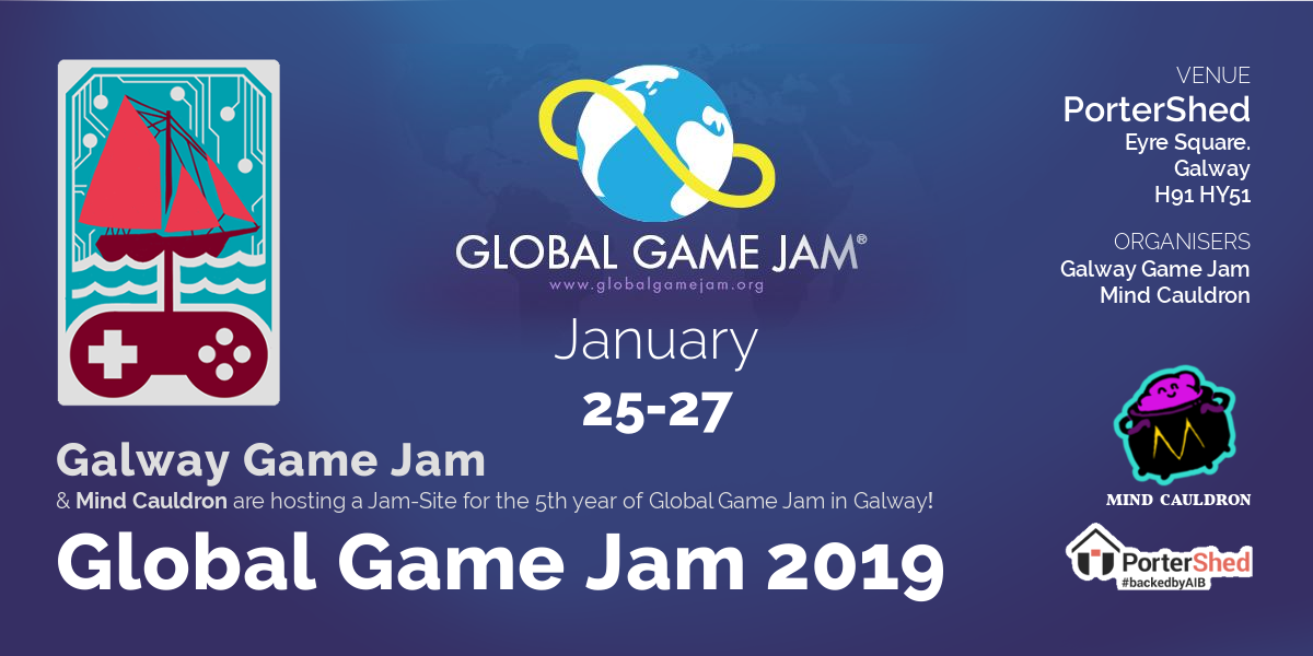 Global Game Jam 19 Banner with Mind Cauldron and Galway Game Jam